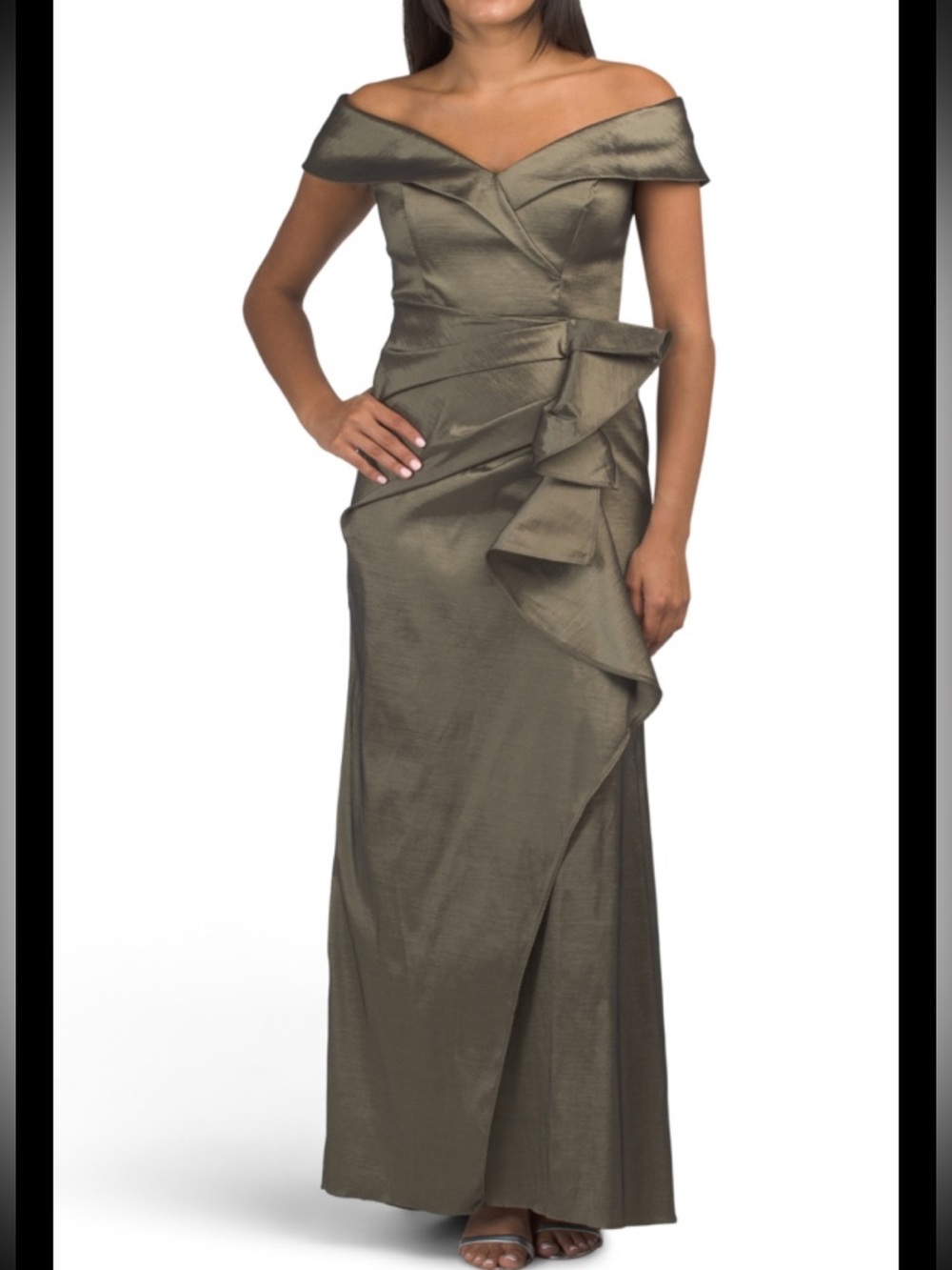 Xscape Metallic Taffeta,off The Shoulder Gown,sz 14, New Without Tag,olive